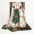 Elegant 90x90cm satin square scarf with vintage golden chain pattern in dark green - Dark Green Rice White Equestrian Chain (FT229-4T)