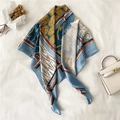 Detailed pattern of elegant silk scarf with swan and wheat motifs in navy and gold - Retro Swan Wheat Style (FM148-1)