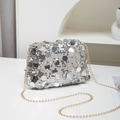 Silver sequin shoulder bag with golden chain strap on a minimalist white background - Silver