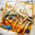 Chinese landscape style silk square scarf with orange borders on a white faux fur rug - Orange Landscape Style (FJ512-1)
