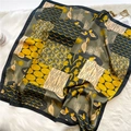 70cm square silk scarf with olive green collage art, pelican and wheat ear patterns - Collage Bird and Wheat Style (FJ512-2)