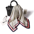 Elegant silk-like square scarf with black polka dots and contrasting pink and navy borders - Cream White Black Polka Dot (Pink Blue Border) (FJ72X-5)