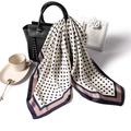 Chic square silk scarf with black polka dots draped on handbag for professional styling - Cream White Black Polka Dot (Navy Pink Border) (FJ72X-3)