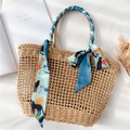 Sac cabas en paille avec foulard en soie à imprimé chat pour un look estival - Base Bleue Chat Noir (LJ16-121) / 190x5cm