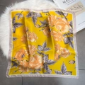 Close-up of elegant yellow square silk scarf with orange rose patterns and pink borders - Bright Yellow Rose Style (FJ529-1)