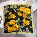 Elegant 70cm square silk scarf with yellow rose print on black satin background - Black Base Yellow Rose Style (FJ529-3)