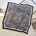 Macro detail of navy blue paisley silk scarf with vintage floral patterns and contrast borders - Navy Beige Floral (FJ537-4)