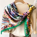 Detail of printed silk square scarf with colorful abstract patterns on a mannequin - Multicolor Abstract Ring (FE148-2) / 110X110CM