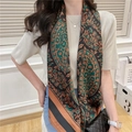 Detailed view of paisley print satin scarf with vintage floral patterns in black and tan - Dark Green Retro Paisley (FE40-1)
