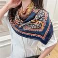 Close-up of vintage floral silk scarf with navy blue pattern and elegant lightweight texture - Navy Retro Floral Geometric (FE47-1)