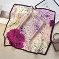 Close-up of elegant rose flower print on 70cm silk-like square scarf with purple edges - Plum Purple Floral Style (FJ558-1)
