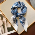 Elegant 70cm silk-like scarf with blue paisley pattern on a white display board - 70x70cm / Navy Blue Paisley (FJ556-4)