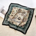 Ethnic style silk square scarf with golden jewelry chains and leaf patterns on white rug - Pea Green Chain Coin Style (FJ545-2)