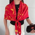 Detail of red luxury silk scarf featuring gold leaf prints and smooth texture - True Red Golden Leaf Style (FE58-1)