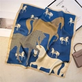 Navy blue horse print silk-touch square scarf with houndstooth patterns and golden borders - 70x70cm / Navy Blue (FJ555-1)
