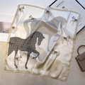Detail of elegant horse print square silk scarf with houndstooth and champagne gold edges - 70x70cm / Beige White (FJ555-2)