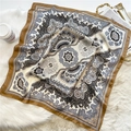 Elegant paisley mandala silk scarf in beige with brown borders on plush carpet - 70x70cm / Beige Black Grey Paisley (FJ502-1)