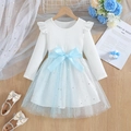 White knit princess dress with star mesh skirt and blue bow belt set for girls - 90cm / White Top with Light Blue Skirt