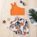 Flat lay of girl's summer set with orange rib crop top and tropical floral shorts - 90 / Orange Red