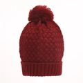 Detailed view of dark red knit beanie featuring thick texture and fluffy pom-pom top - Wine Red