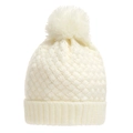 Detail of cream knit beanie with fluffy pompom showing thick texture and ribbed cuff - Off-white