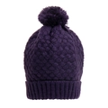 Detail of dark purple knit beanie with plush pompom and textured woven patterns - Purple