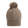 Detail of brown chunky knit beanie with textured patterns and a fluffy pom-pom - Camel