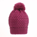 Detail of fuchsia knit beanie with fluffy pom-pom and thick crossover texture - Rose Red