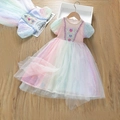 Pink and purple gradient rainbow tutu dress with sequin heart gems and puff sleeves - 150cm / Pink