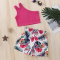 Girls summer set with rose red one-shoulder ribbed tank top and tropical floral shorts - 90 / Rose Red