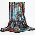 Fashionable silk square scarf featuring tropical jungle zebra print and vibrant floral patterns - 90*90cm / Zebra Tropical Print (FT191-1)