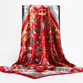 Exotic animal bird pattern silk satin scarf in vibrant red with leopard and tree motifs - 90x90cm / Wine Red (FT187-1)