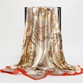 Detail of silk-like satin square scarf with vintage chain patterns and champagne gold tones - 90x90cm / Beige Red Edge (FT181-4)