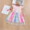 Pink short sleeve dress for girls with unicorn design and rainbow tulle skirt - 90cm (1-2 Years) / Pink