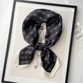 Elegant black silk square scarf with white butterfly print and beige border for women - Black