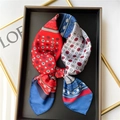 Silk feel square scarf with red and blue paisley print tied on a tray for decoration - Red Blue Paisley Patchwork Style (FJ489-3)