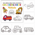 Vista dettagliata del mini libro da colorare con motivi di auto, aerei e scavatrici - Libro da colorare per auto