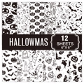 12 sheets of 6x6 inch Halloween scrapbook paper with pumpkin and ghost hand-drawn patterns - Black and White Sketch Style (G053-B)