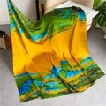 Detail of a large 110cm silk-like scarf with artistic landscape print in yellow and teal - Yellow Blue Green Landscape (FE96-1) / 110X110CM