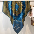 Detail of silk scarf with Chinese style flying cranes and golden cloud patterns - Deep Blue Olive Gold Cloud (FE118-2)