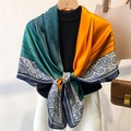 Detail of silk-textured scarf with paisley pattern and geometric stripes in vivid colors - Tricolor block Paisley (FE103-1) / 110X110CM