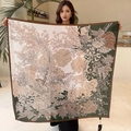 Detail of large 110cm floral silk scarf with hand-rolled edges and botanical prints - Cream Green Plant Bird (FE130-4)
