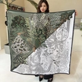 Detail of a large silk shawl showing forest landscape and floral line art patterns - Green Forest Realistic Patchwork (FE130-5)