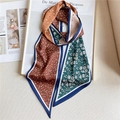 Détail d'un foulard en satin imprimé avec pois et motifs floraux artistiques - Art Rétro Colorblock Abstrait Bordure Bleu Foncé (LE-67)