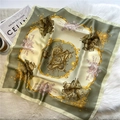 Luxury 70cm silk-feel square scarf featuring vintage palace patterns and elegant satin gloss - Dark Green Palace Emblem (FJ496-1)