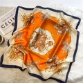 70cm luxury square silk scarf featuring bright orange heraldic patterns on white carpet - Orange Color Block Emblem (FJ496-2)