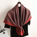 Elegant dark red silk square scarf with vintage floral patterns tied on a black outfit - 90*90cm / Red Brown Vintage Geometric (FN22-3)
