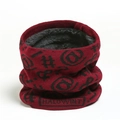 Detail of burgundy knit neck warmer showing black letters and soft fleece lining texture - Wine Red