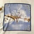 Floral bird print square silk scarf with nature landscape design and dark blue border - 70x70cm / Flower Bird Landscape Blue (FJ458-1)