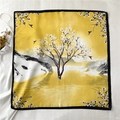 Detail of a square silk scarf with yellow bird and floral landscape pattern - 70x70cm / Flower Bird Landscape Yellow (FJ458-2)